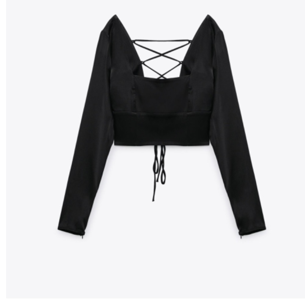 NEW Zara Long Sleeve Laced Back Crop Top Black S